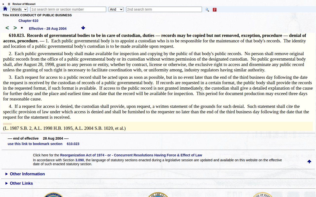 Missouri response-time law for Webster County 72-hour release records