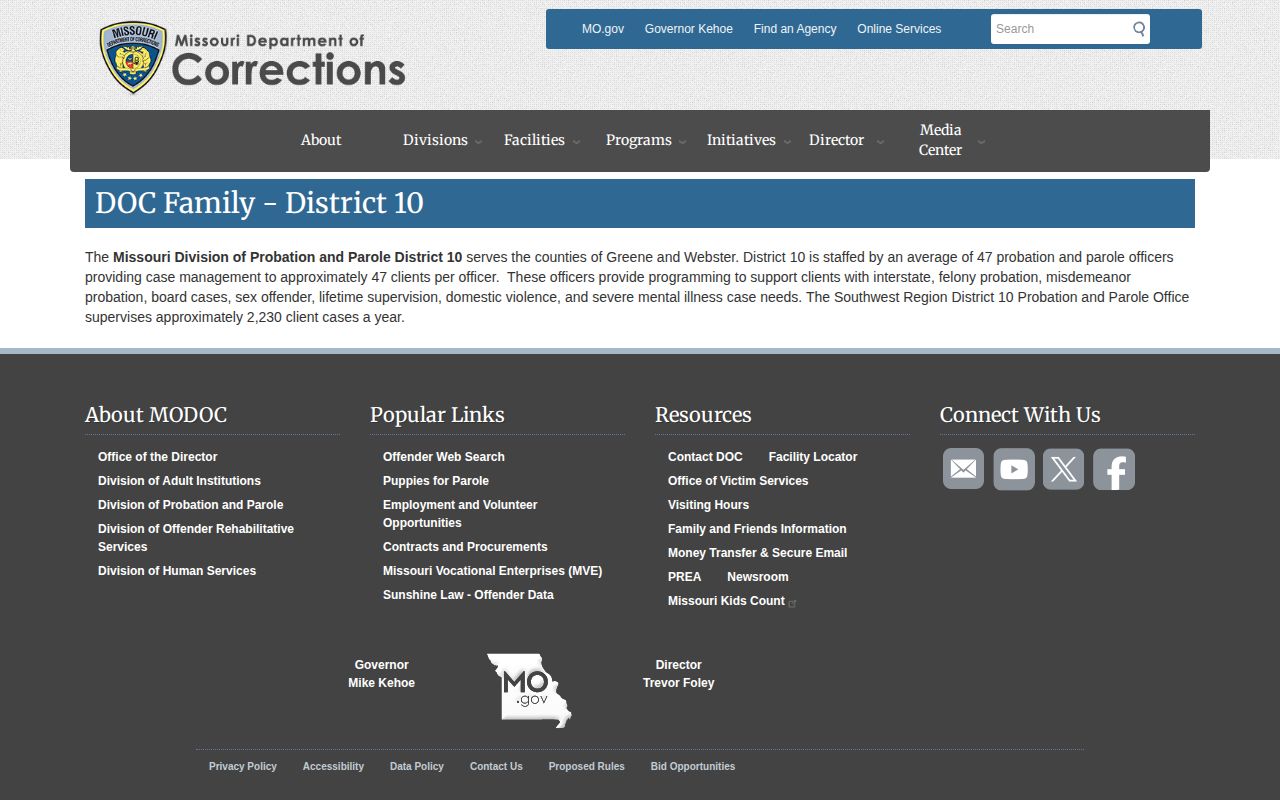 Missouri DOC District 10 page serving Webster County probation and parole clients