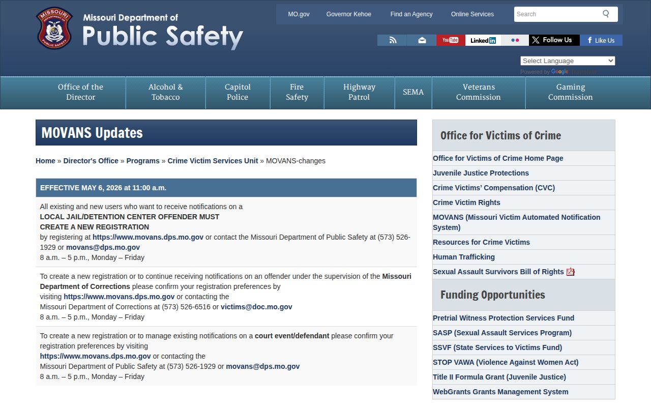 Webster County release notification changes in Missouri MOVANS